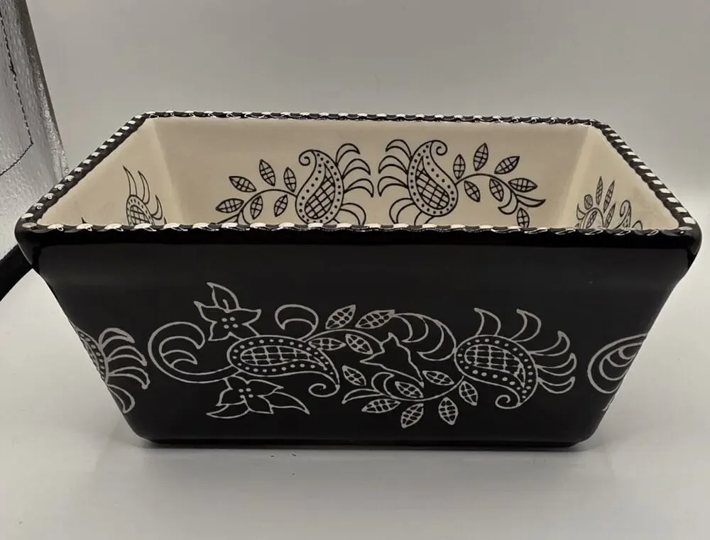 Baum Stoneware Oven To Table Black And White Paisley Bread Pan 6.5” x 4.25” X 3”